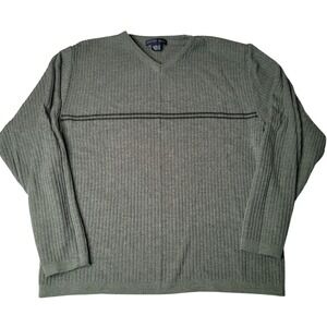 Geoffrey Beene Sweater Mens L Green V-Neck Merino Wool Blend Ribbed Striped